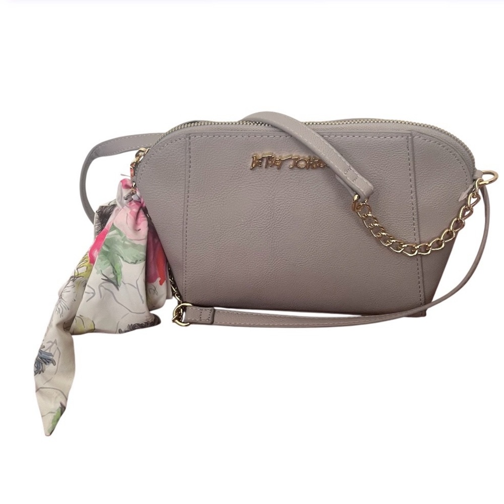 BETSEY JOHNSON Anaya Crossbody Bag Grey Taupe Pebbled Vegan Leather Gold Tone